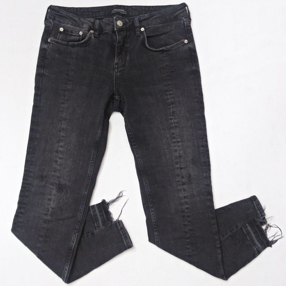 ZARA Woman Distressed Jeans Front Seam Raw Step Hem Stretch Black /‎ Gray Sz 6